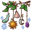 Snow falling around hanging charms tied to a leafy branch.