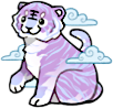 A light purple and blue tiger surrounded by curly clouds